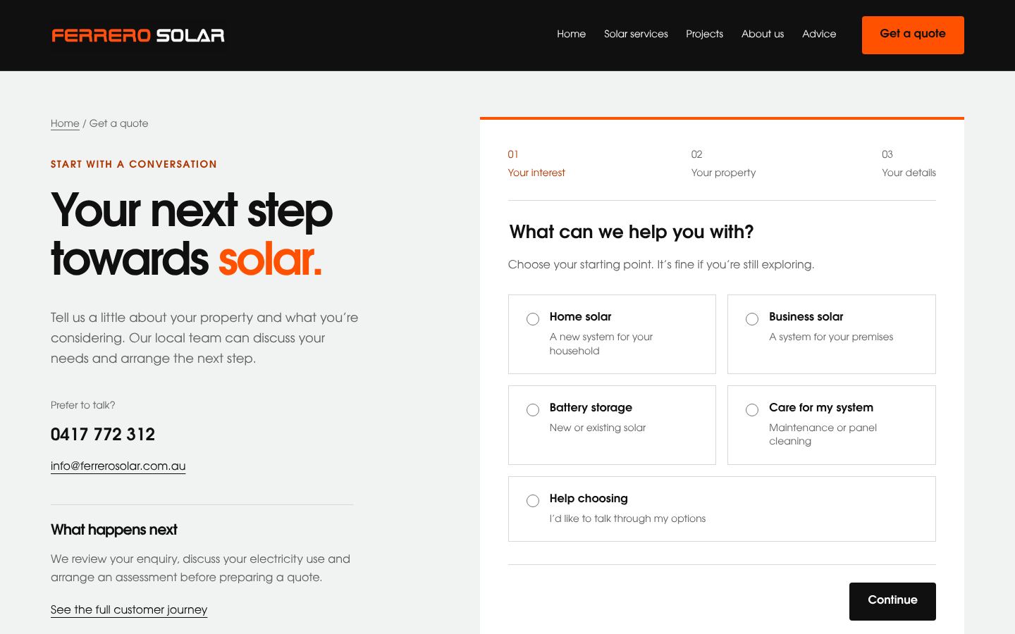 Ferrero Solar website: The quote enquiry, split into three short steps